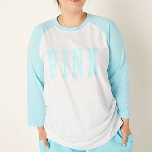 Victoria's Secret PINK Campus Baseball Tee Blue Breeze ColorBlock Large  NEW